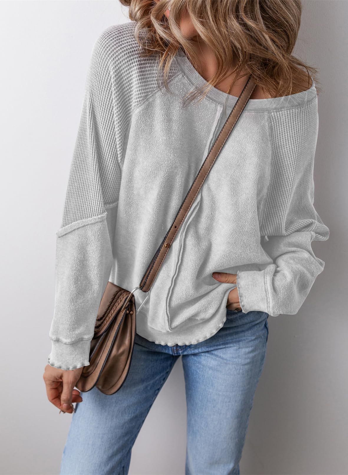 Relaxed Waffle Knit Sweatshirt with Lettuce Hem and Front Pocket