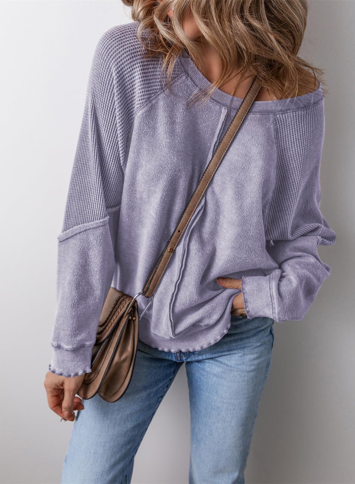 Relaxed Waffle Knit Sweatshirt with Lettuce Hem and Front Pocket