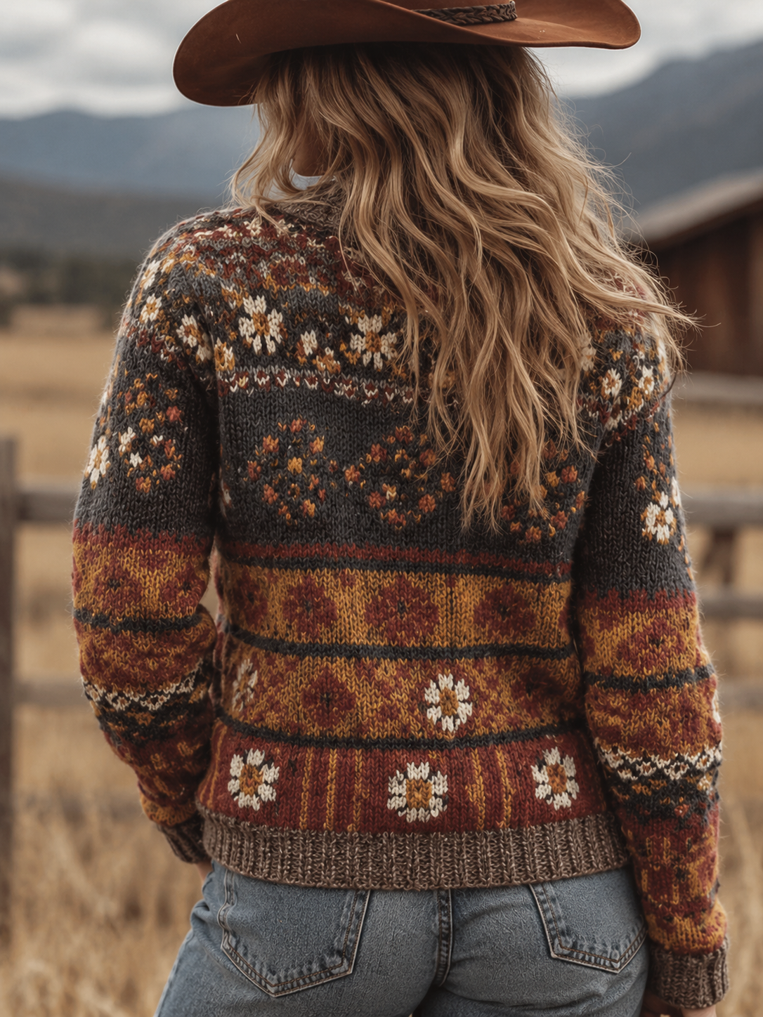 Retro Floral Knit Cardigan with Boho Pattern and V-Neckline