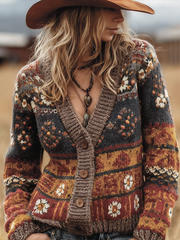 Retro Floral Knit Cardigan with Boho Pattern and V-Neckline
