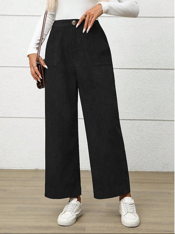 Retro High Waist Wide Leg Corduroy Trousers with Front Pockets