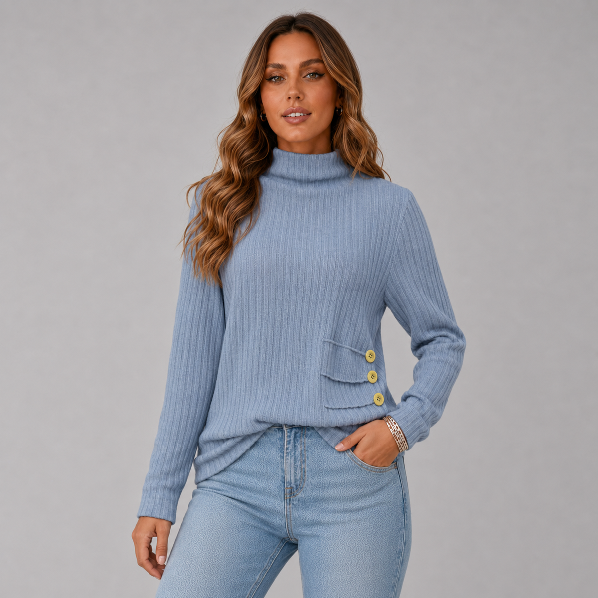 Ribbed Roll Neck Button Detail Sweater