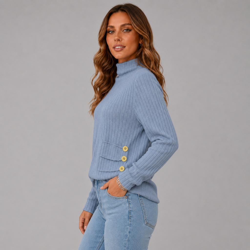 Ribbed Roll Neck Button Detail Sweater