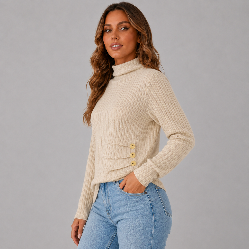 Ribbed Roll Neck Button Detail Sweater