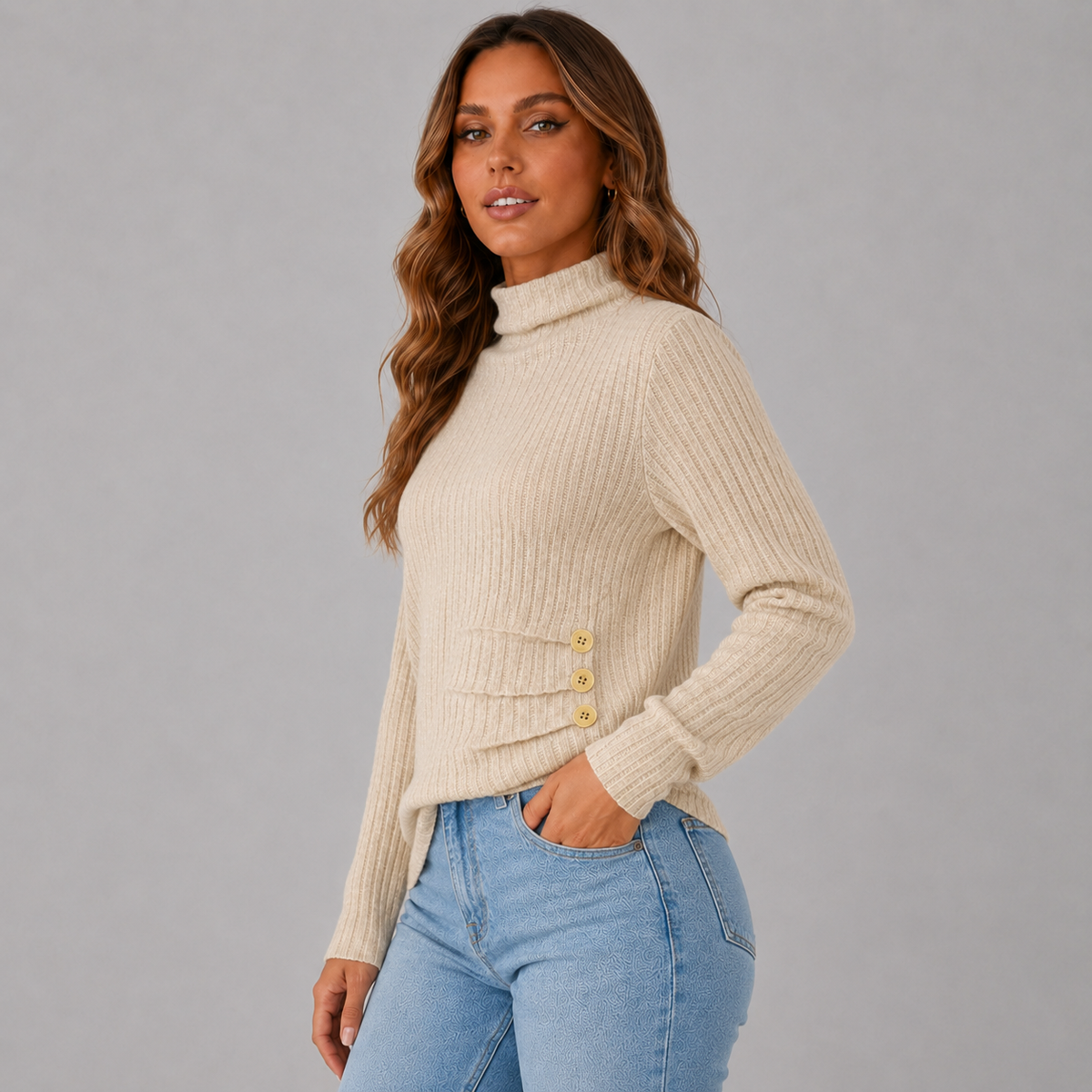 Ribbed Roll Neck Button Detail Sweater