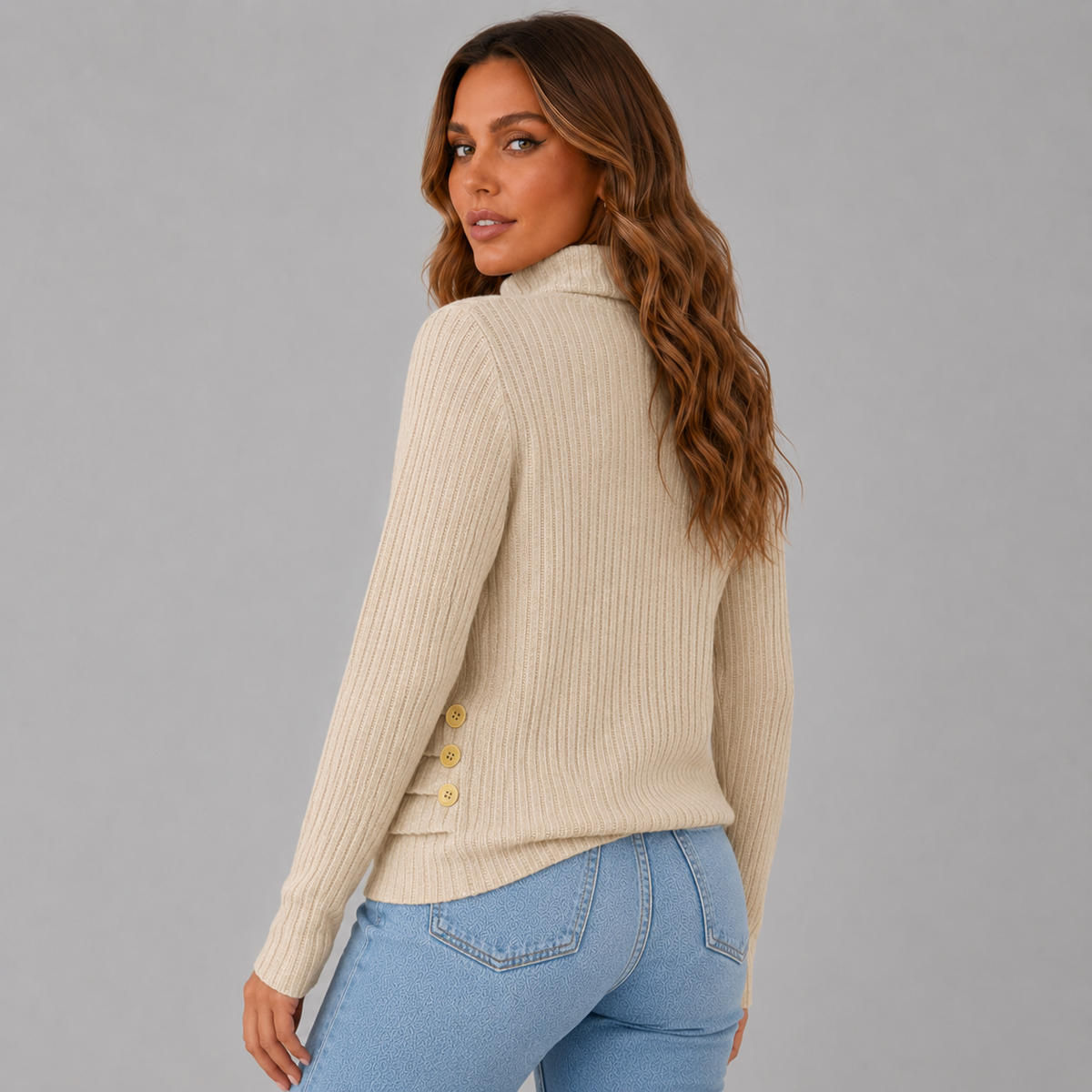 Ribbed Roll Neck Button Detail Sweater