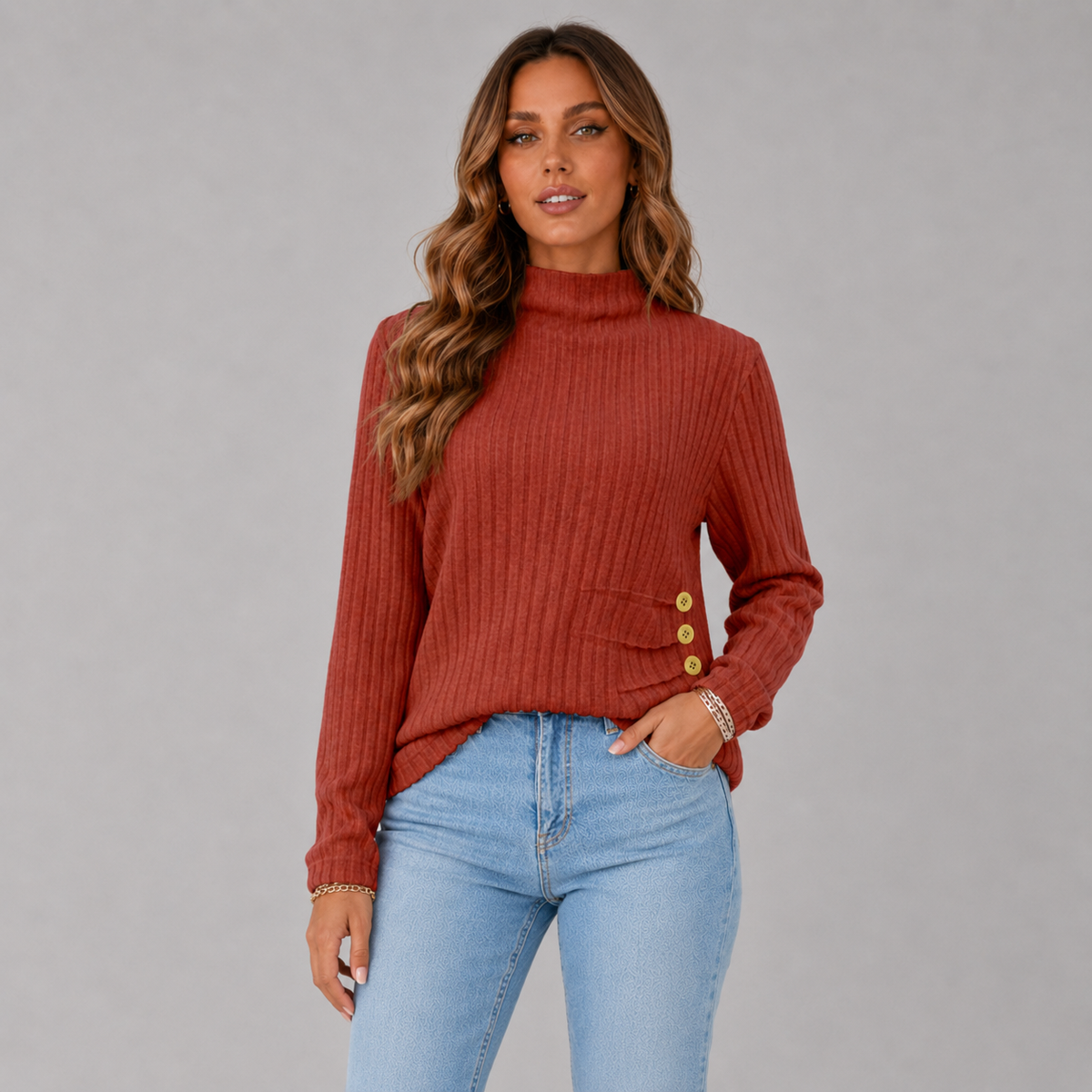Ribbed Roll Neck Button Detail Sweater