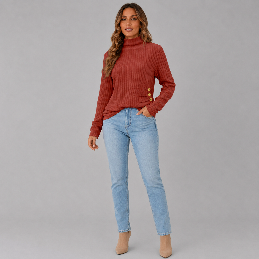 Ribbed Roll Neck Button Detail Sweater