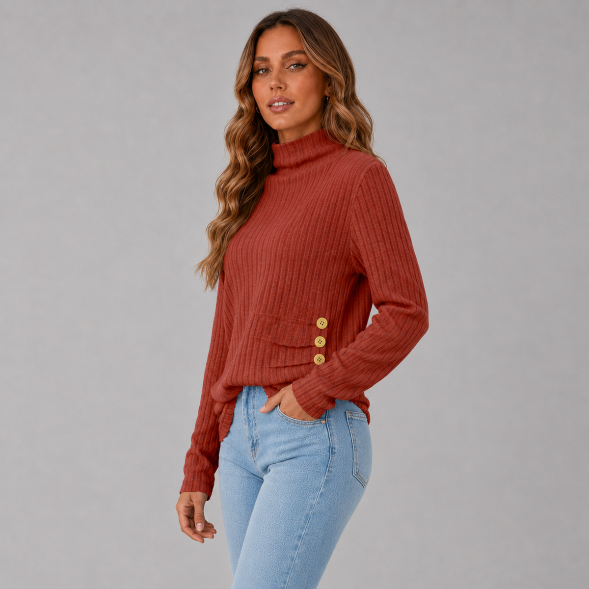 Ribbed Roll Neck Button Detail Sweater