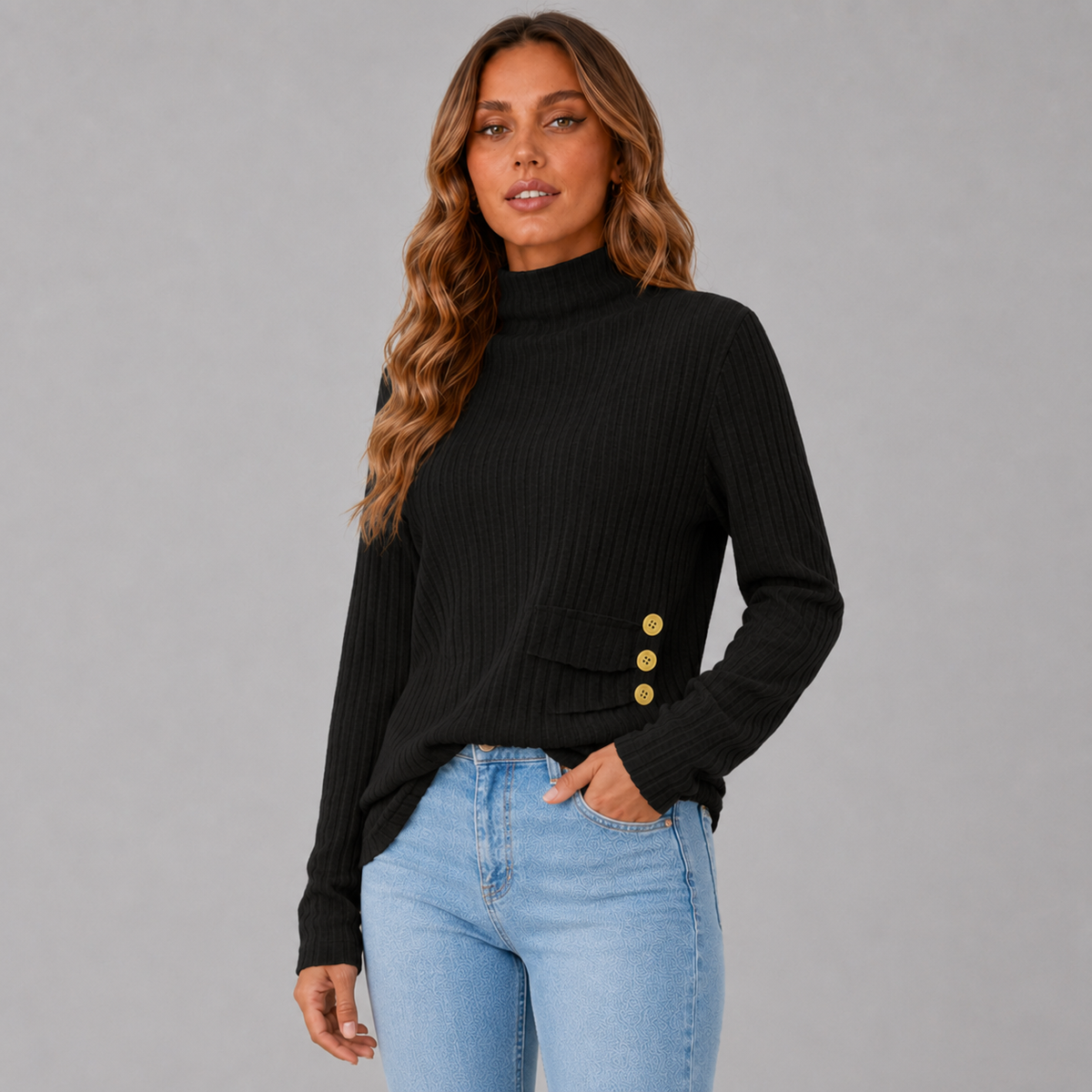 Ribbed Roll Neck Button Detail Sweater