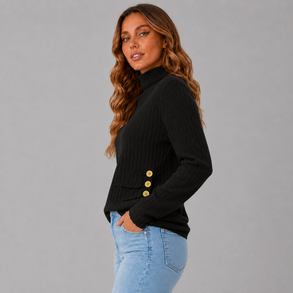 Ribbed Roll Neck Button Detail Sweater
