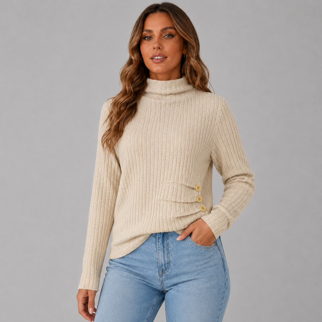 Ribbed Roll Neck Button Detail Sweater