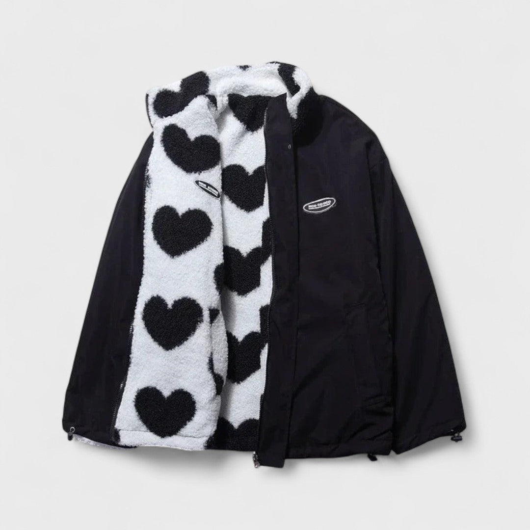 Reversible Heart Print Fleece Jacket with Zip Front and Relaxed Fit