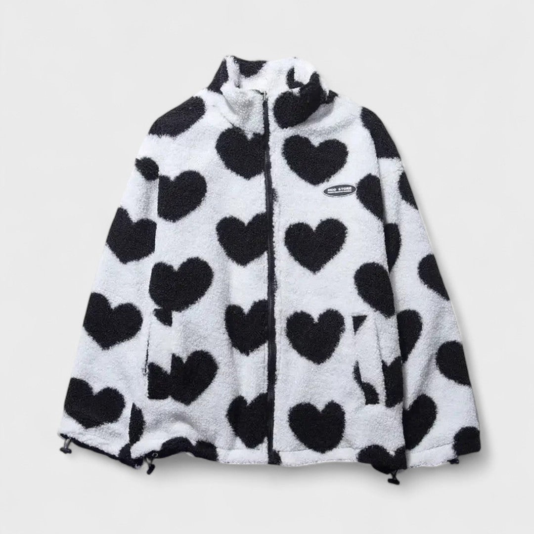 Reversible Heart Print Fleece Jacket with Zip Front and Relaxed Fit