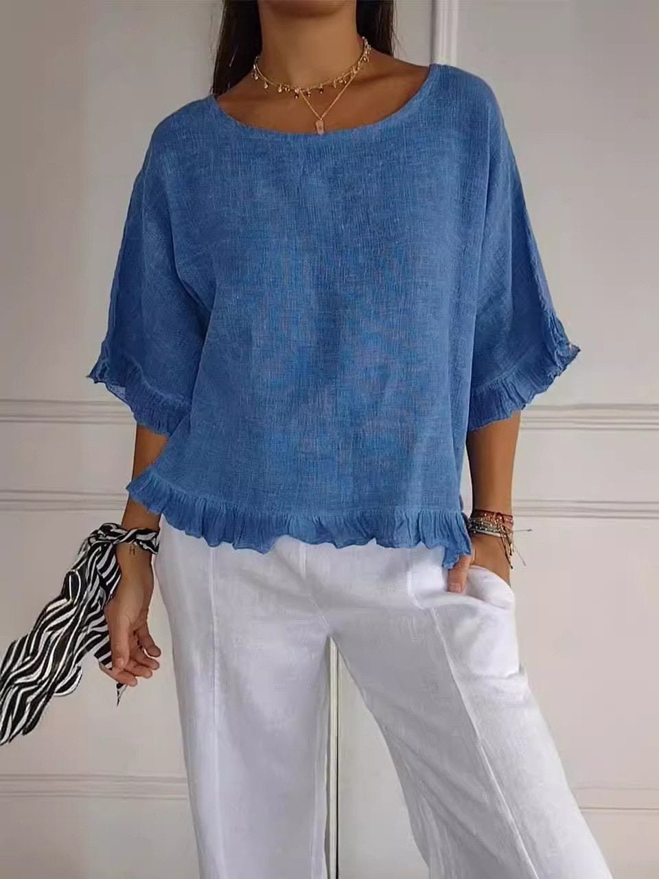 Frayed-Hem Linen-Look Short Sleeve Blouse for Women