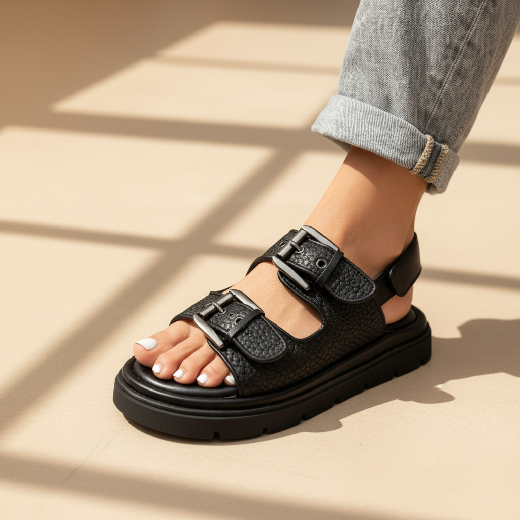 Double Buckle Footbed Sandals