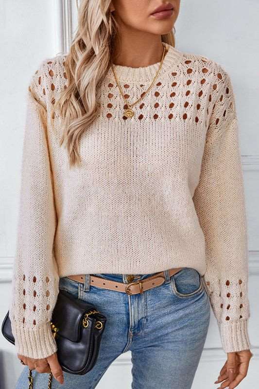 Soft Knit Sweater with Open Stitch Shoulder Detail