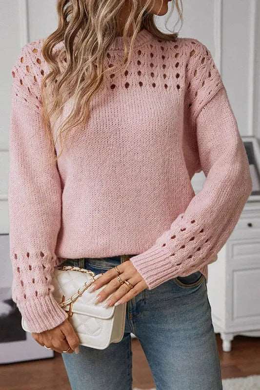 Soft Knit Sweater with Open Stitch Shoulder Detail