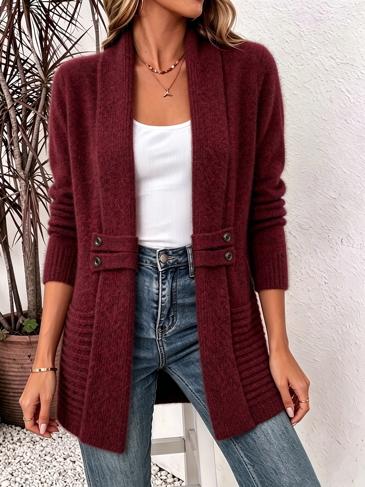 Soft Open Front Cardigan with Shawl Collar and Waist Button Tabs