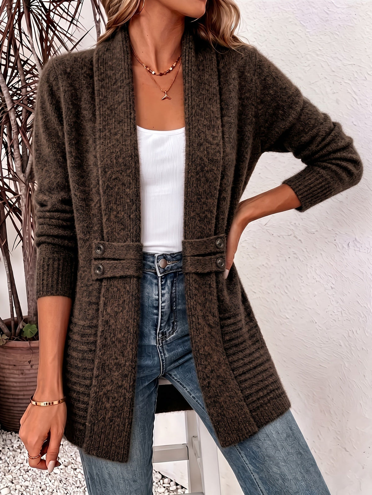 Soft Open Front Cardigan with Shawl Collar and Waist Button Tabs