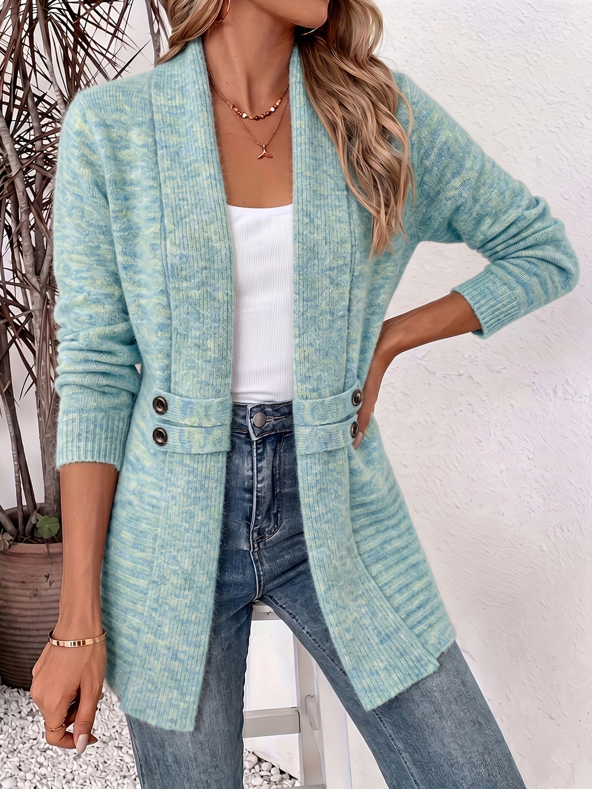 Soft Open Front Cardigan with Shawl Collar and Waist Button Tabs