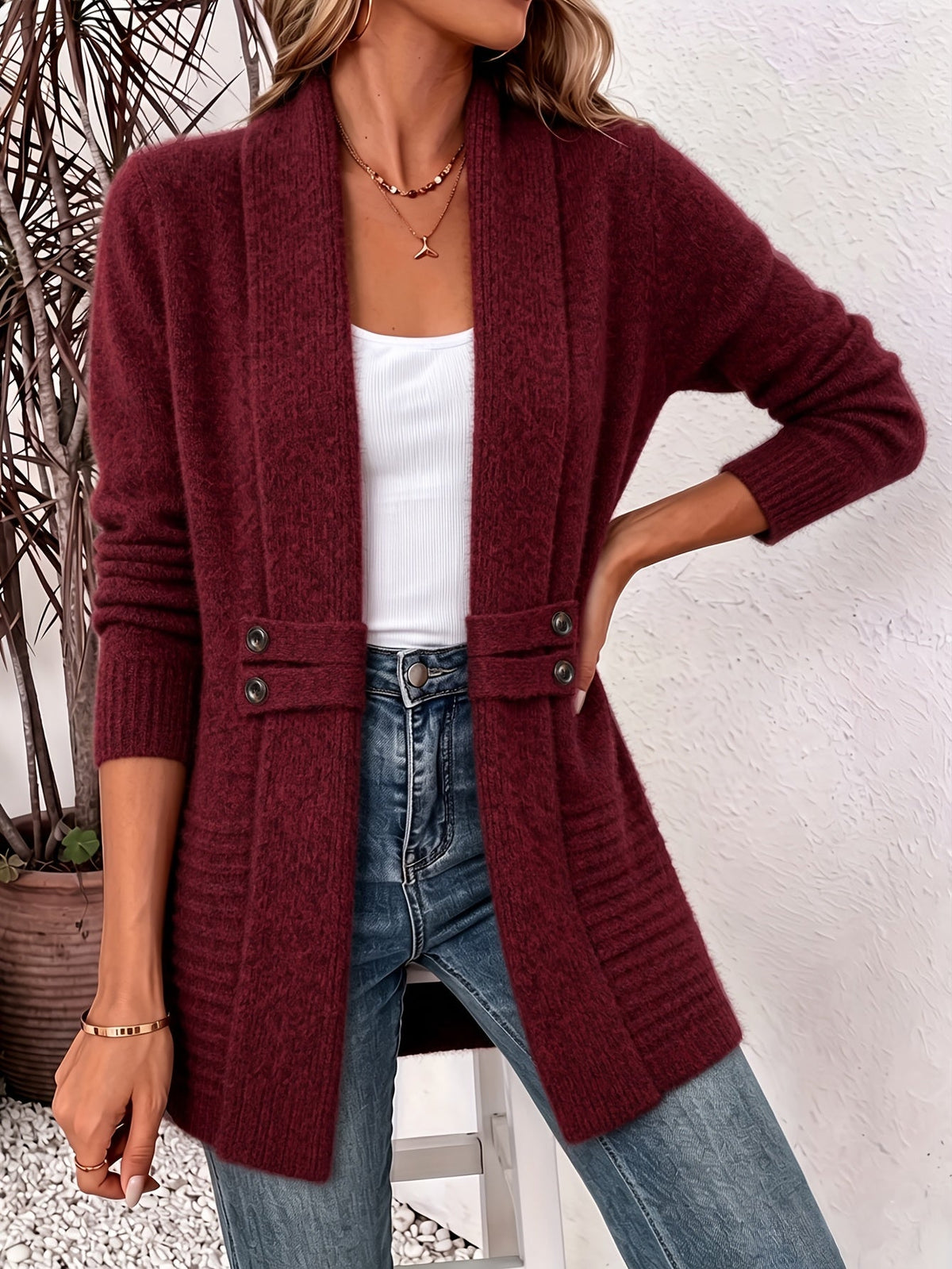 Soft Open Front Cardigan with Shawl Collar and Waist Button Tabs