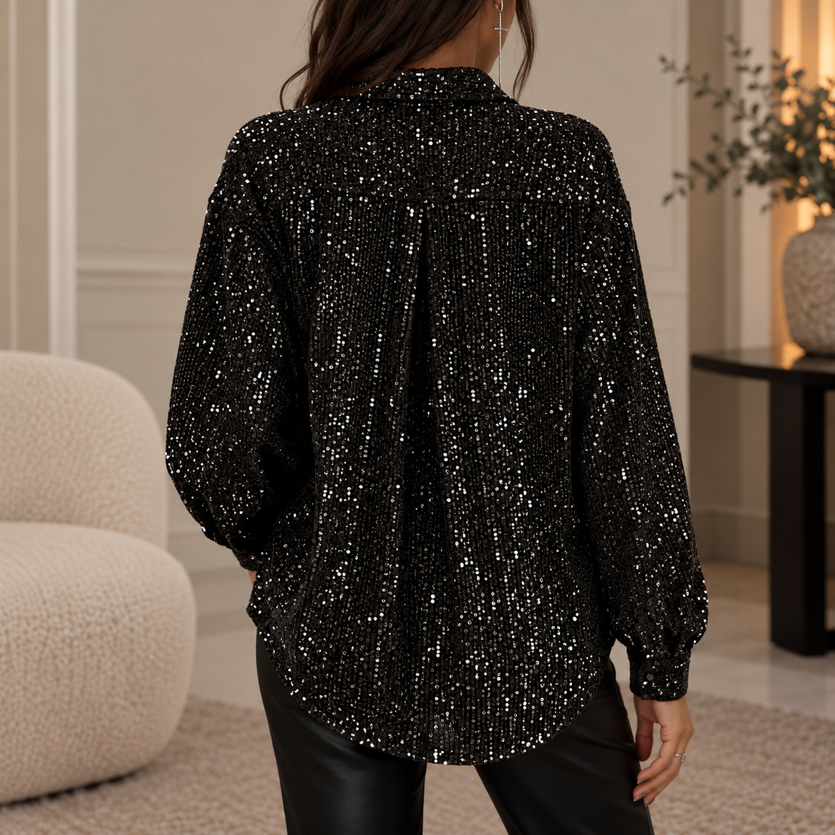 Sparkly Sequin Blouse with Long Sleeves and Collar