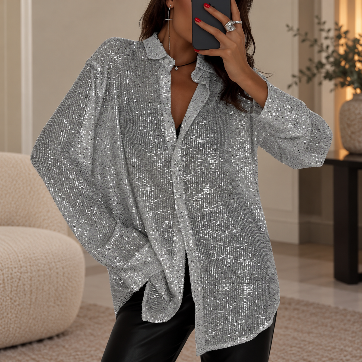 Sparkly Sequin Blouse with Long Sleeves and Collar