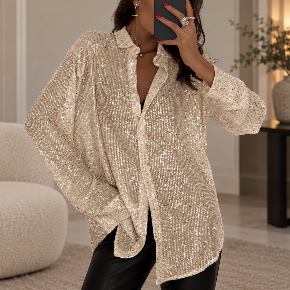 Sparkly Sequin Blouse with Long Sleeves and Collar
