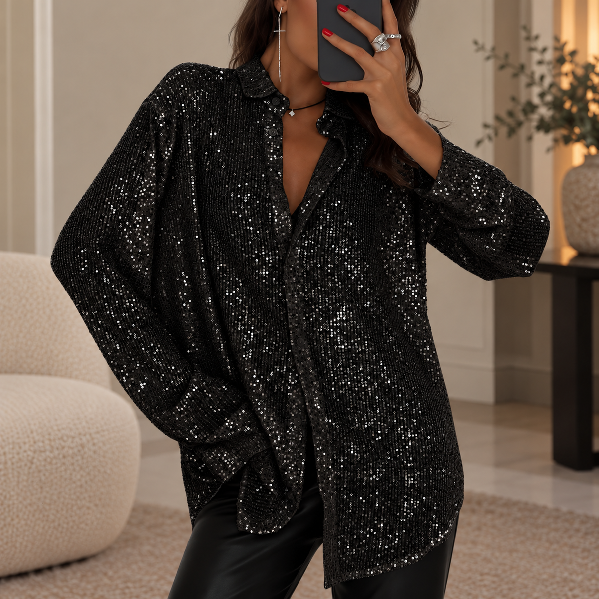 Sparkly Sequin Blouse with Long Sleeves and Collar