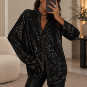 Sparkly Sequin Blouse with Long Sleeves and Collar