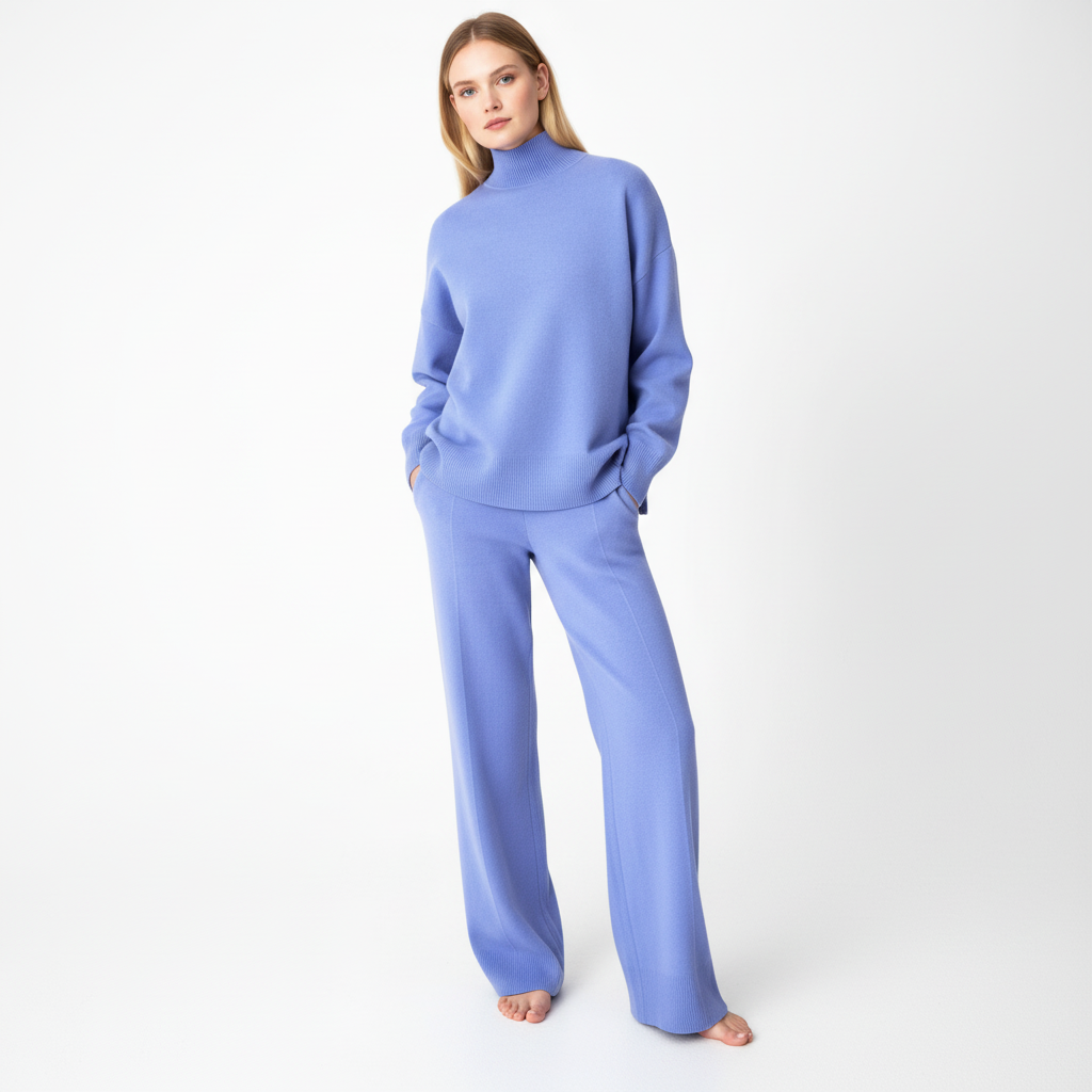 Women's Turtleneck Knit Loungewear Set with Wide-Leg Trousers