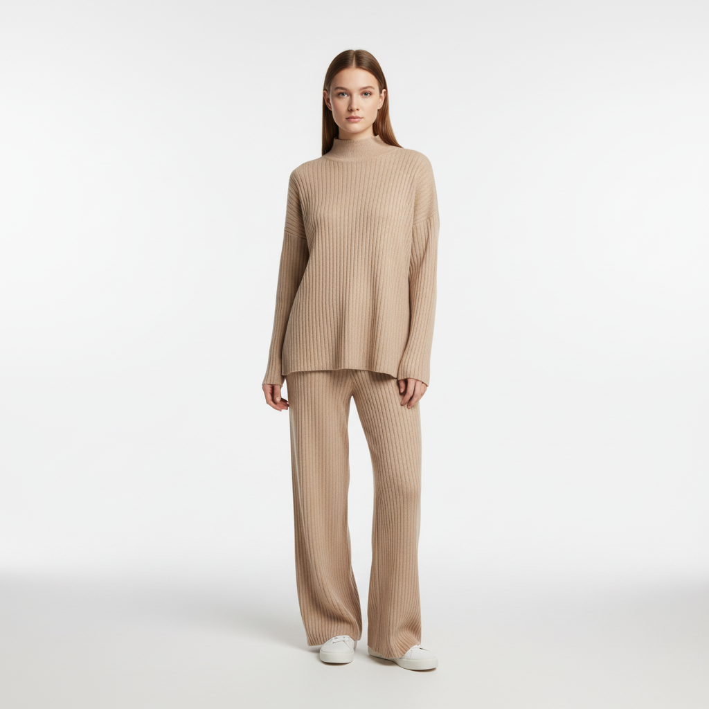 Women's Turtleneck Knit Loungewear Set with Wide-Leg Trousers