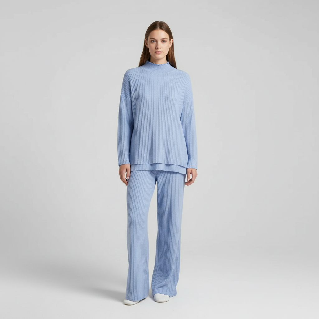 Women's Turtleneck Knit Loungewear Set with Wide-Leg Trousers