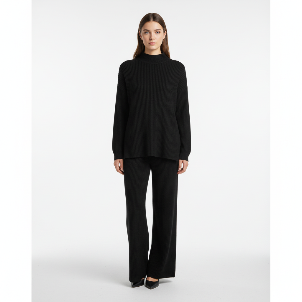 Women's Turtleneck Knit Loungewear Set with Wide-Leg Trousers