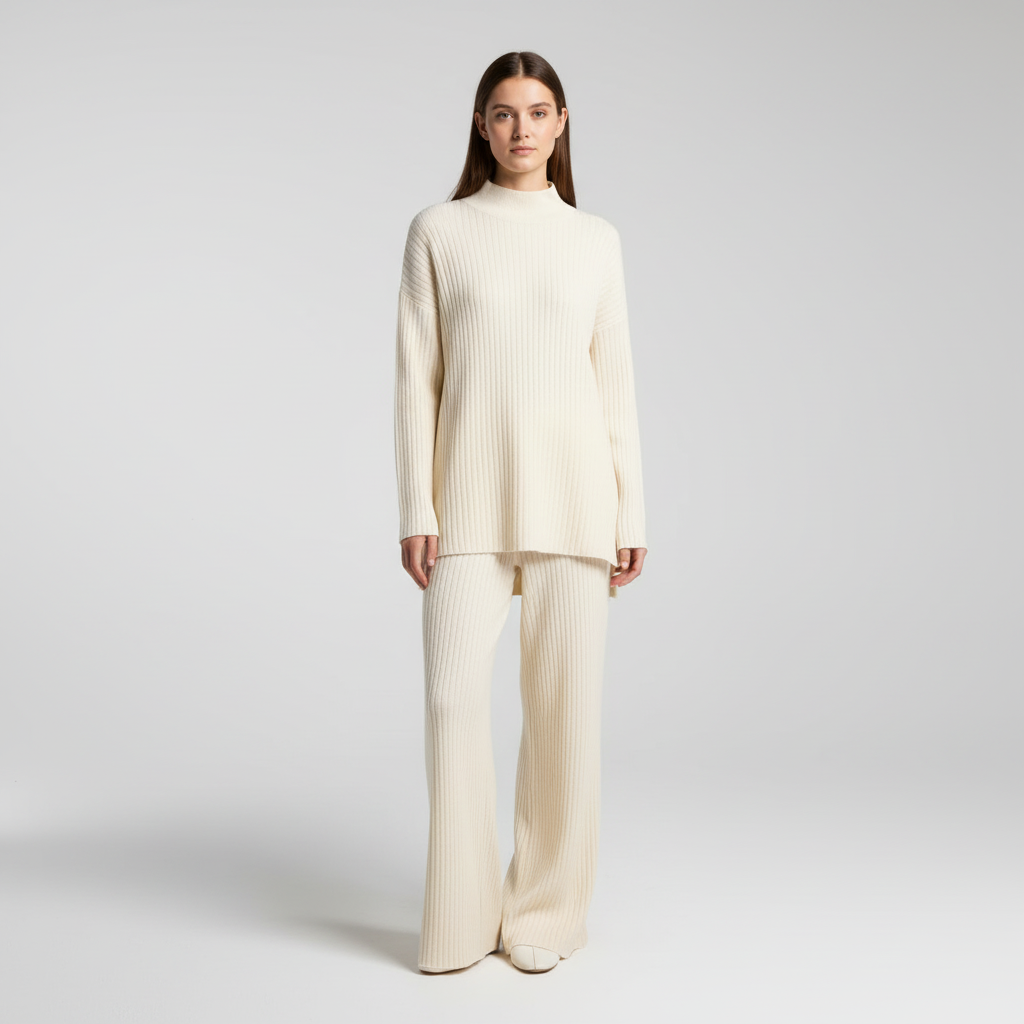 Women's Turtleneck Knit Loungewear Set with Wide-Leg Trousers