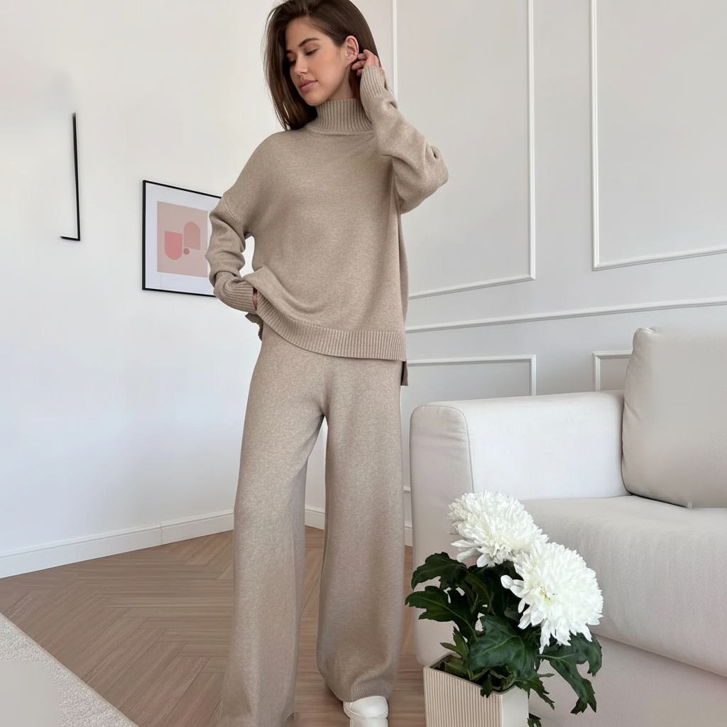 Women's Turtleneck Knit Loungewear Set with Wide-Leg Trousers
