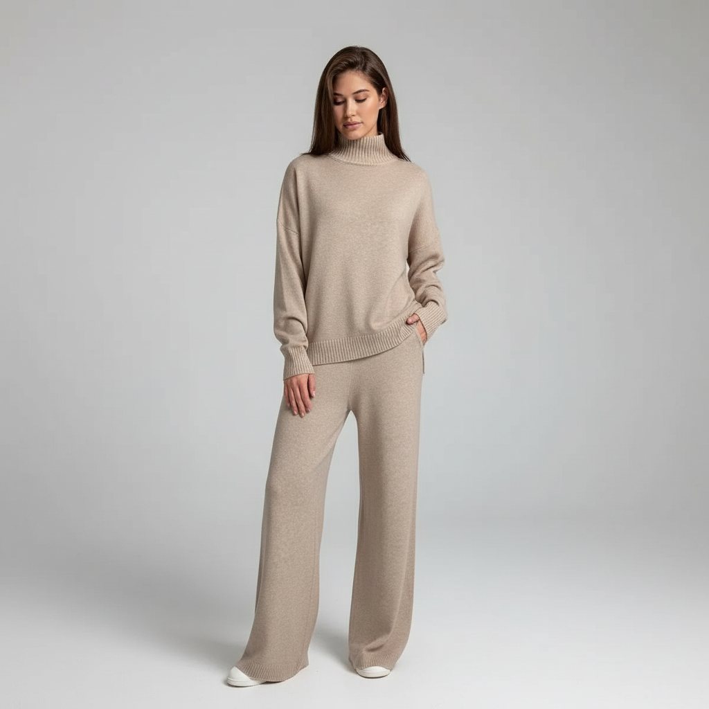 Women's Turtleneck Knit Loungewear Set with Wide-Leg Trousers