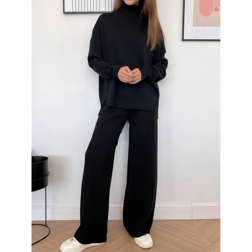 Women's Turtleneck Knit Loungewear Set with Wide-Leg Trousers