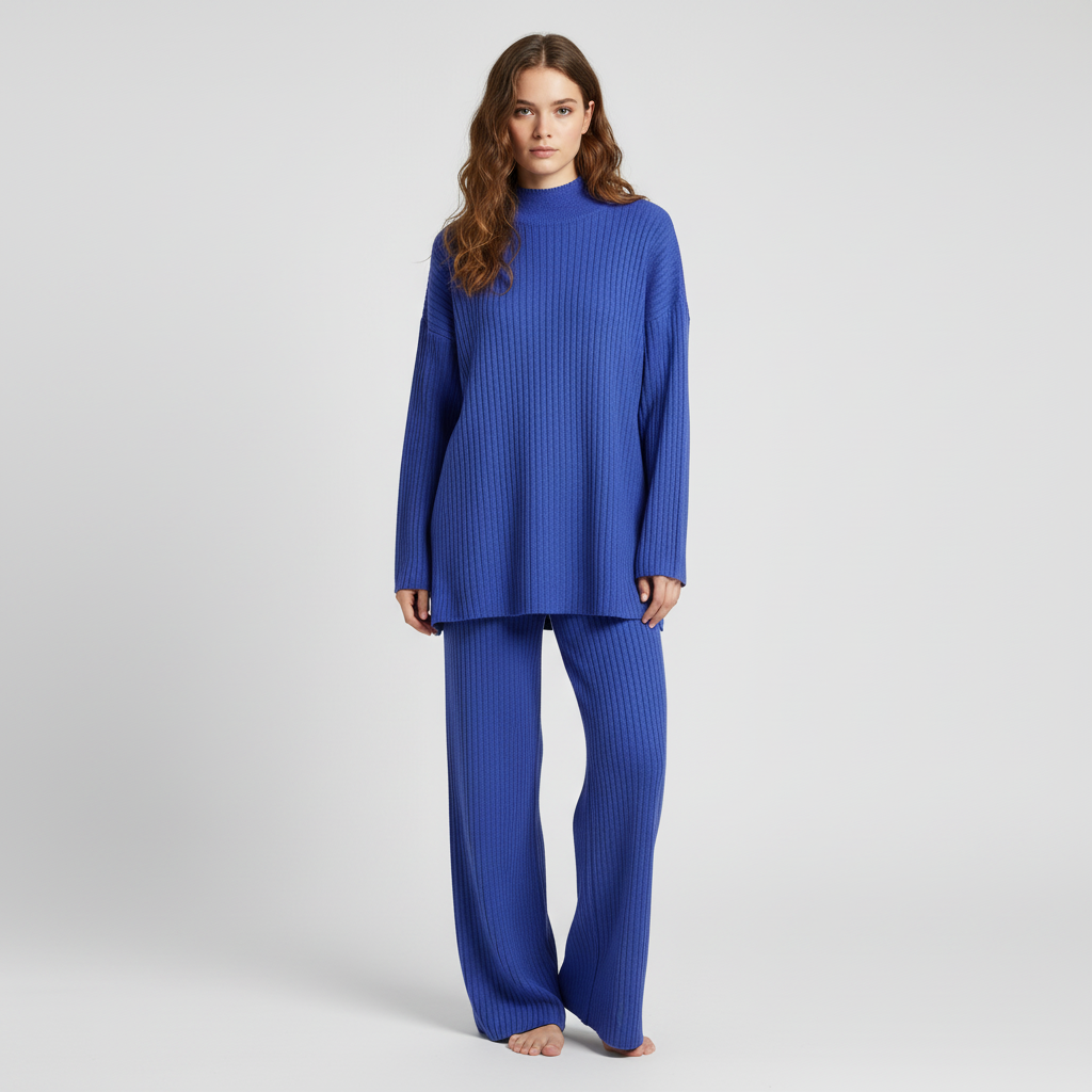 Women's Turtleneck Knit Loungewear Set with Wide-Leg Trousers
