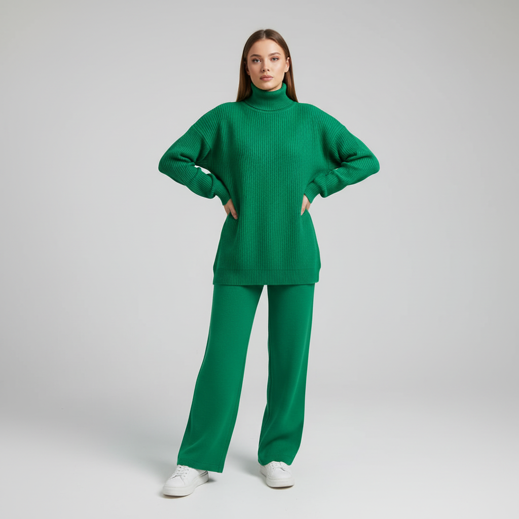 Women's Turtleneck Knit Loungewear Set with Wide-Leg Trousers