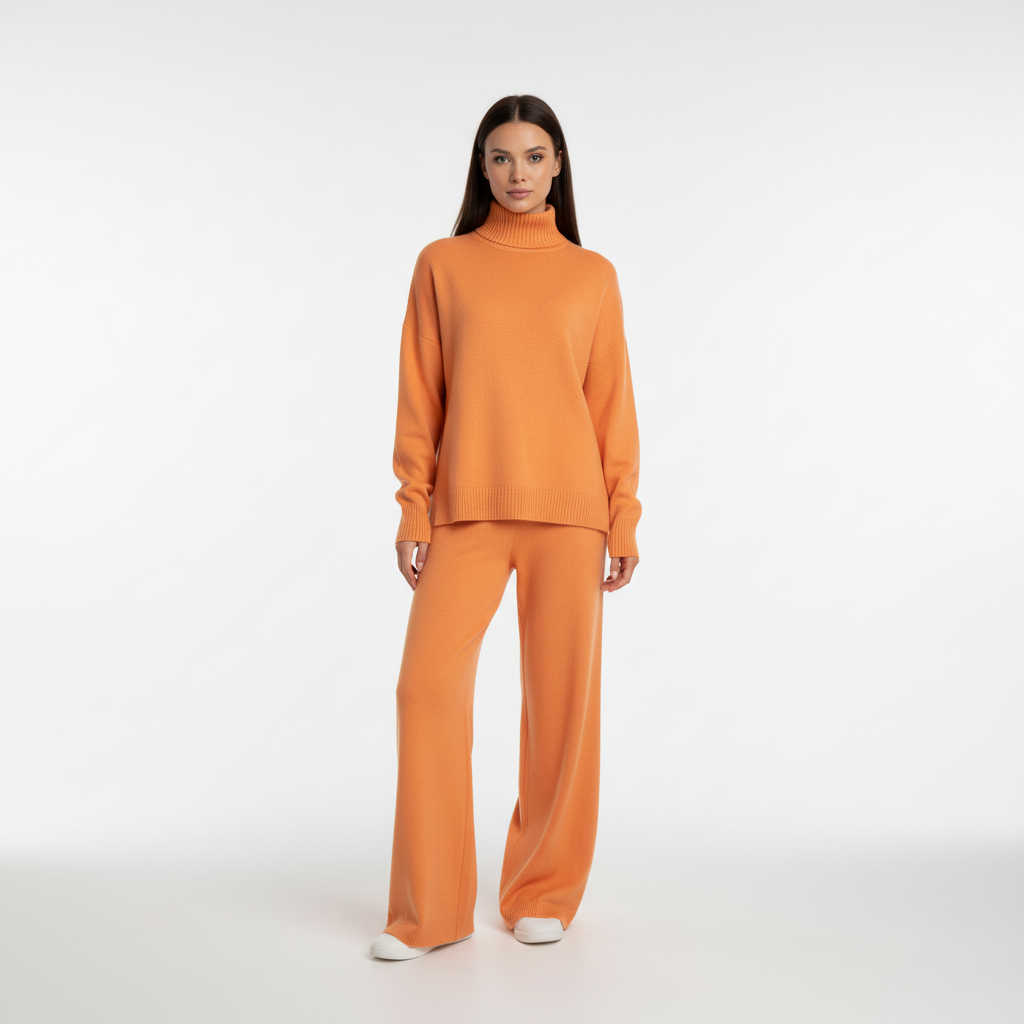 Women's Turtleneck Knit Loungewear Set with Wide-Leg Trousers