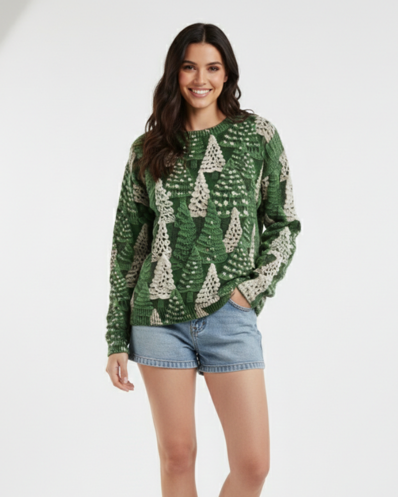 Women's Green Crew-Neck Christmas Jumper with Tree Motif