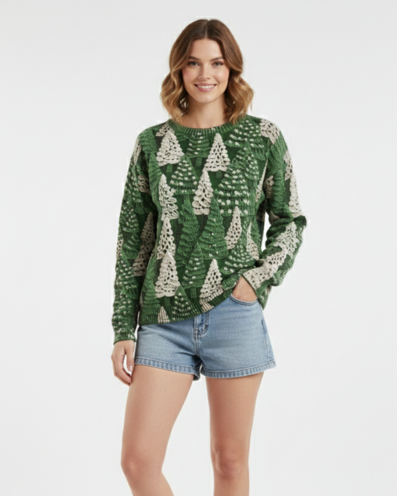 Women's Green Crew-Neck Christmas Jumper with Tree Motif