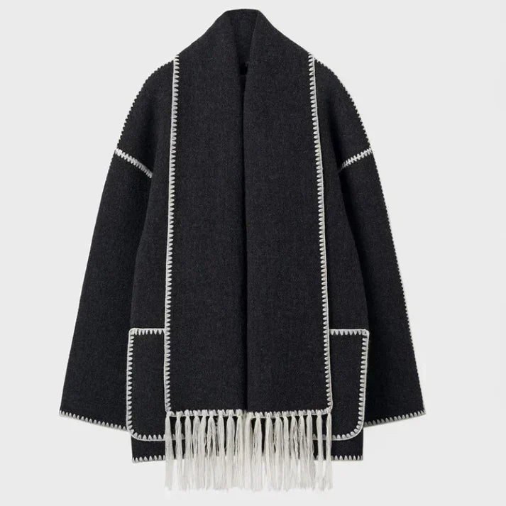 Women's Oversized Scarf Jacket with Fringe Detail
