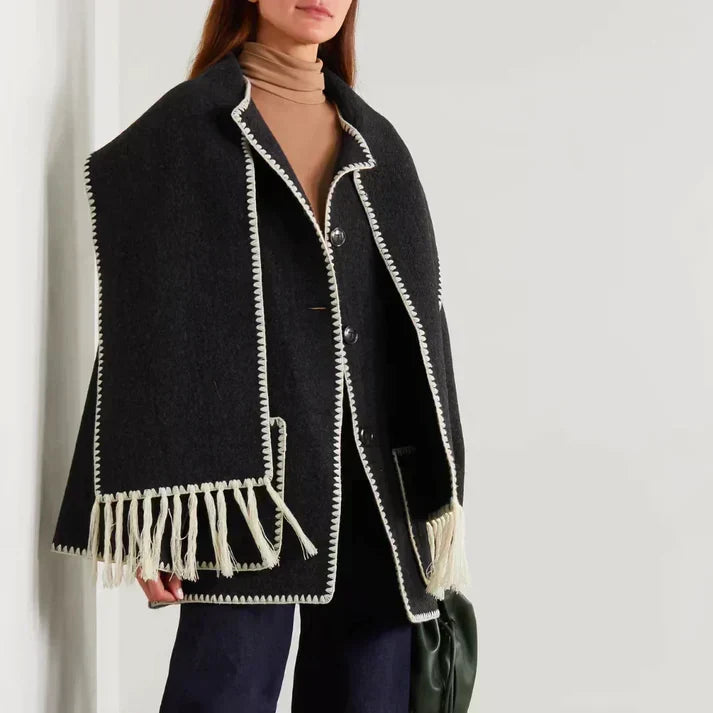 Women's Oversized Scarf Jacket with Fringe Detail