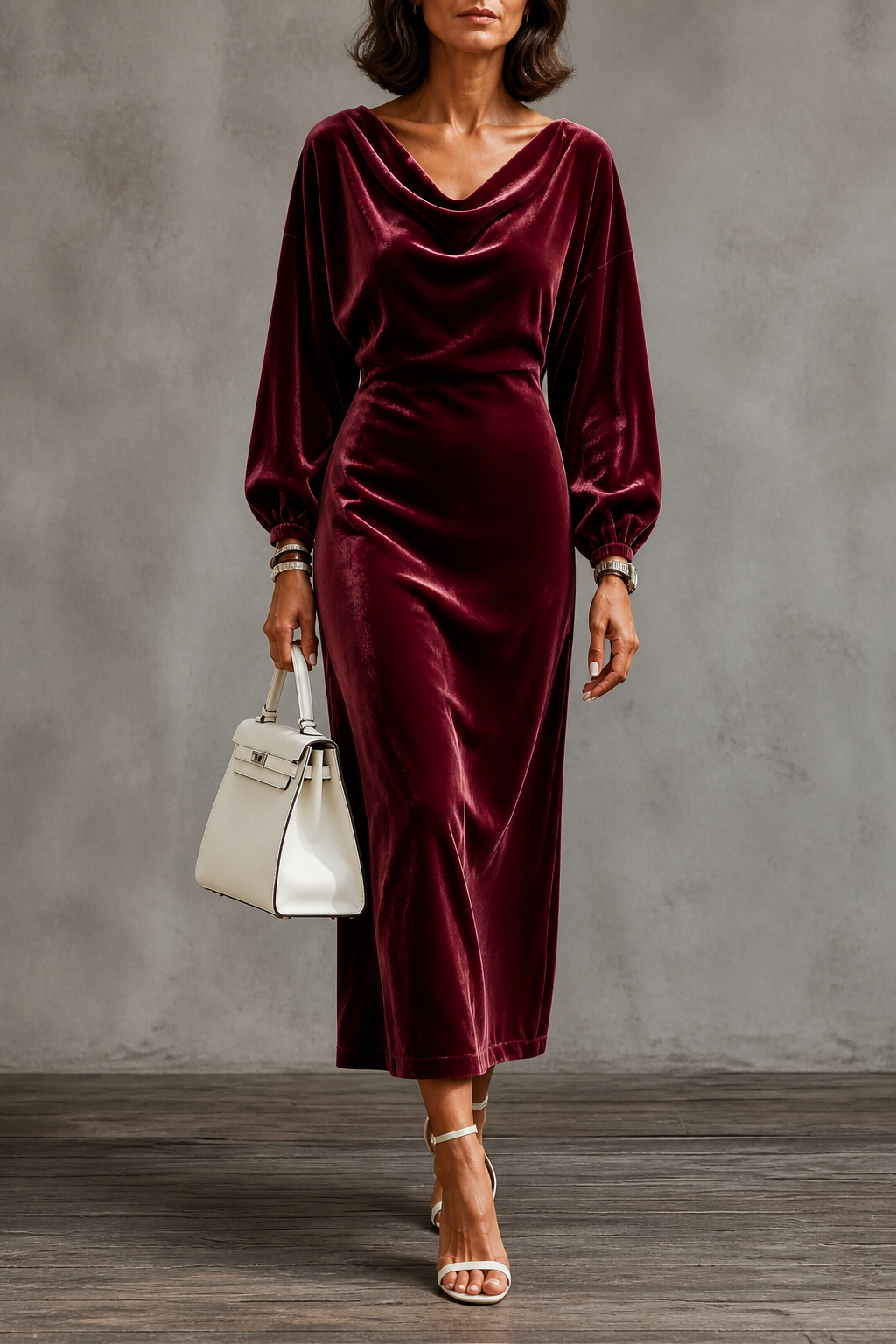 Velvet Midi Dress with Draped Neckline and Puff Sleeves