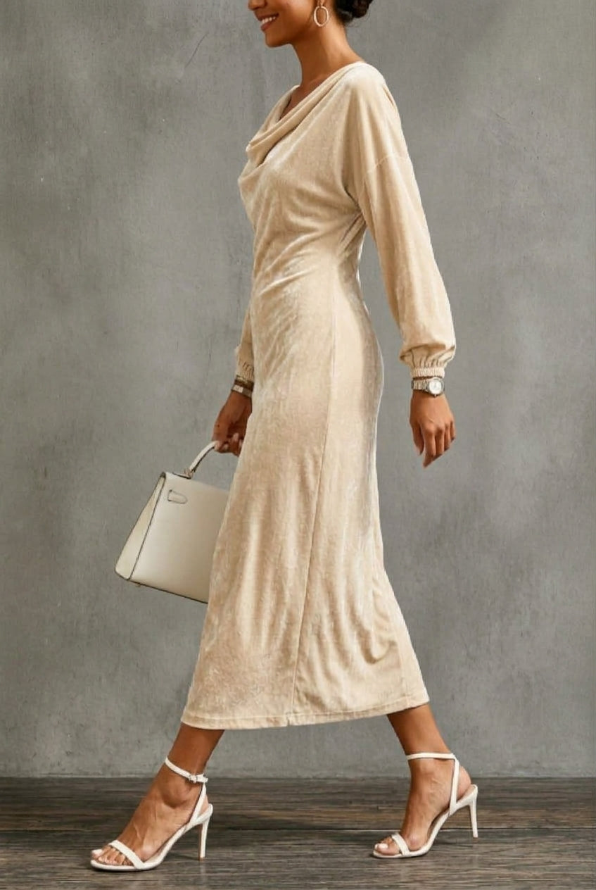 Velvet Midi Dress with Draped Neckline and Puff Sleeves
