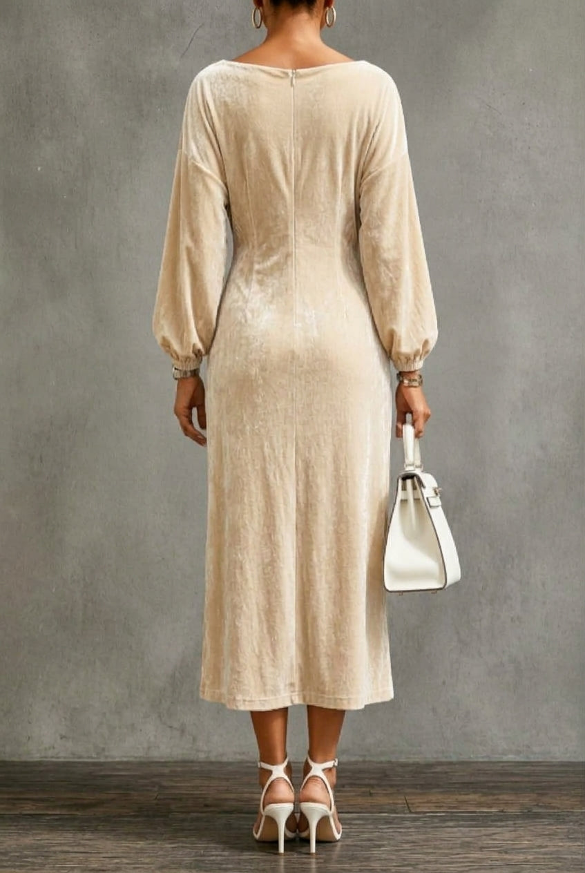 Velvet Midi Dress with Draped Neckline and Puff Sleeves