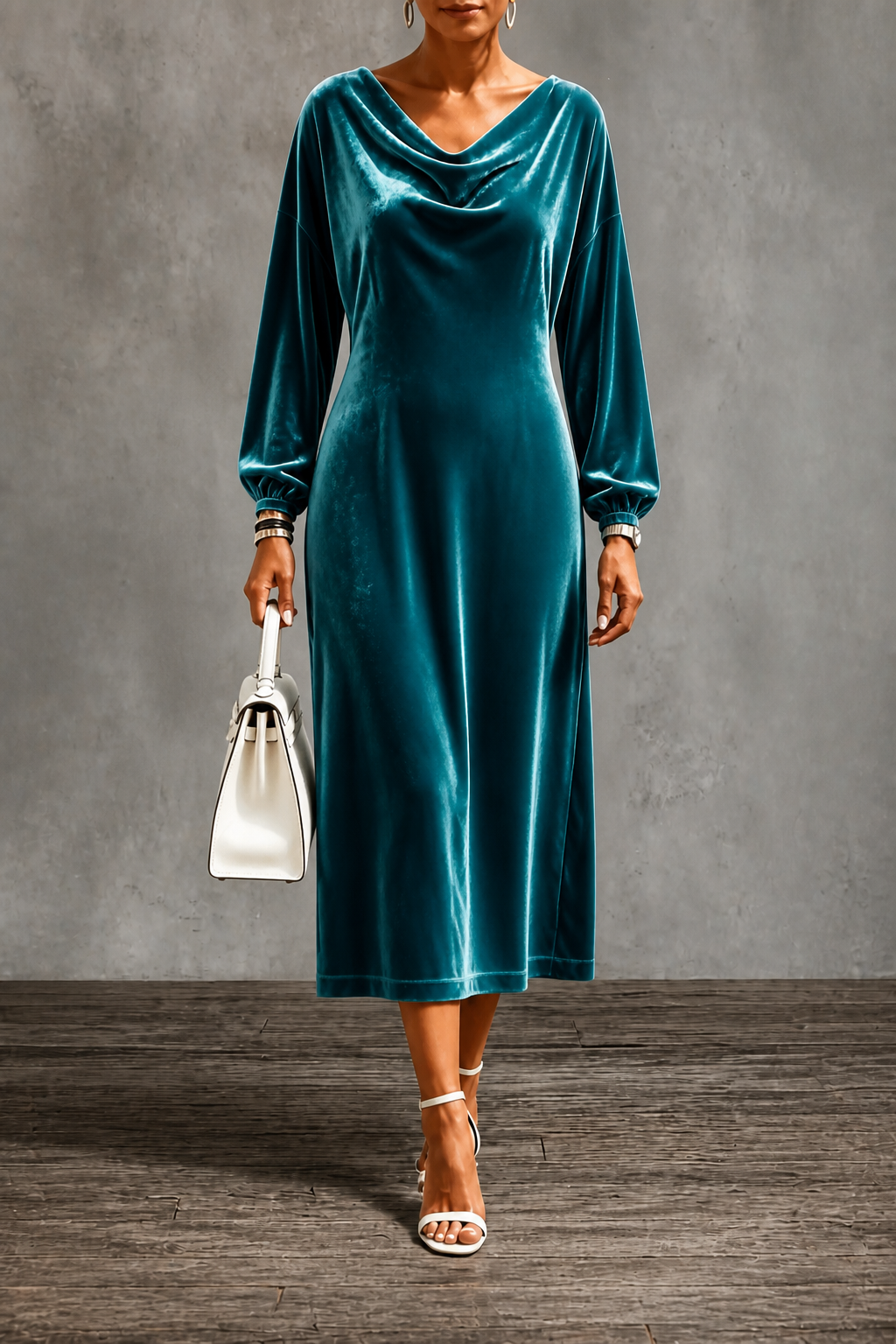 Velvet Midi Dress with Draped Neckline and Puff Sleeves